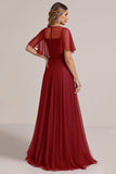 Robe de demoiselle d’honneur à manches courtes à paillettes bordeaux