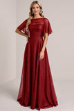 Robe de demoiselle d’honneur à manches courtes à paillettes bordeaux