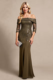 Robe longue mère de la mariée sirène olive épaule dénudée