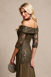 Robe longue mère de la mariée sirène olive épaule dénudée