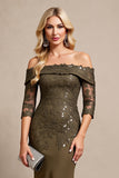 Robe longue mère de la mariée sirène olive épaule dénudée