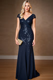 Fourreau Marine Cap Sleeve Robe Longue Mère De La Mariée À Paillettes