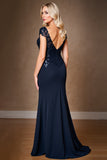 Fourreau Marine Cap Sleeve Robe Longue Mère De La Mariée À Paillettes
