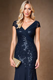 Fourreau Marine Cap Sleeve Robe Longue Mère De La Mariée À Paillettes