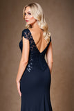 Fourreau Marine Cap Sleeve Robe Longue Mère De La Mariée À Paillettes