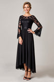 Robe noire haute basse dentelle appliquée mère de la mariée à manches longues