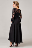 Robe noire haute basse dentelle appliquée mère de la mariée à manches longues