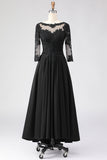 Robe noire A Line Tea longueur 3/4 manches Mother of the Bride avec des appliques