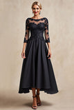 Noir A Ligne 3/4 Manches Thé Longueur Mère de la Mariée Robe avec Appliques