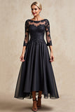 Noir A Ligne 3/4 Manches Thé Longueur Mère de la Mariée Robe avec Appliques