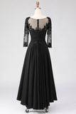 Robe noire A Line Tea longueur 3/4 manches Mother of the Bride avec des appliques
