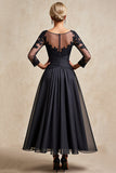 Noir A Ligne 3/4 Manches Thé Longueur Mère de la Mariée Robe avec Appliques