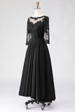 Robe noire A Line Tea longueur 3/4 manches Mother of the Bride avec des appliques