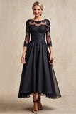 Noir A Ligne 3/4 Manches Thé Longueur Mère de la Mariée Robe avec Appliques