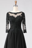 Robe noire A Line Tea longueur 3/4 manches Mother of the Bride avec des appliques