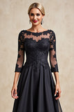 Noir A Ligne 3/4 Manches Thé Longueur Mère de la Mariée Robe avec Appliques