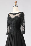 Robe noire A Line Tea longueur 3/4 manches Mother of the Bride avec des appliques