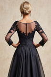 Noir A Ligne 3/4 Manches Thé Longueur Mère de la Mariée Robe avec Appliques