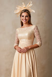 Mousseline de soie A Ligne Applique Champagne Robe Mère de la Mariée avec Manches 3/4