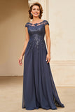 Robe de mère de la mariée en mousseline de soie appliquée au crépuscule avec manches capuchon