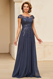 Robe de mère de la mariée en mousseline de soie appliquée au crépuscule avec manches capuchon