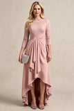 Blush High Low Mousseline de soie froncée Robe mère de la mariée avec appliques de dentelle