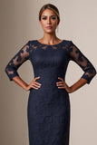 Robe moulante à manches 3/4 Midi marine mère de la mariée avec appliques de dentelle