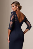Robe moulante à manches 3/4 Midi marine mère de la mariée avec appliques de dentelle