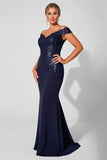 Robe de mère de la mariée marine sirène à épaules dénudées avec appliques