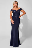 Robe de mère de la mariée marine sirène à épaules dénudées avec appliques
