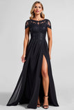Noir Une ligne en mousseline de soie Applique Mère de la mariée Robe avec fente