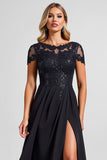 Noir Une ligne en mousseline de soie Applique Mère de la mariée Robe avec fente