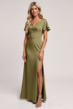Robe de demoiselle d’honneur à col en V olive avec fente