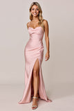 Blush Spaghetti Straps Gaine Satin Robe de demoiselle d’honneur avec fente