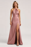 Robe de demoiselle d’honneur en satin rose licol