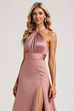 Robe de demoiselle d’honneur en satin rose licol