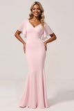 Robe de demoiselle d’honneur rose en mousseline de soie sirène à col en V
