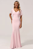 Robe de demoiselle d’honneur rose en mousseline de soie sirène à col en V