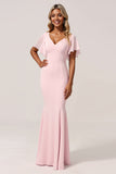 Robe de demoiselle d’honneur rose en mousseline de soie sirène à col en V