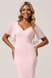 Robe de demoiselle d’honneur rose en mousseline de soie sirène à col en V