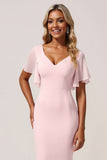 Robe de demoiselle d’honneur rose en mousseline de soie sirène à col en V