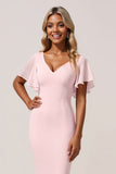 Robe de demoiselle d’honneur rose en mousseline de soie sirène à col en V