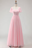 Robe longue de demoiselle d’honneur rose candy à col carré en chiffon