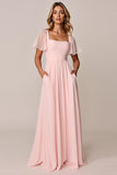 Candy Pink A Line Col carré Robe de demoiselle d’honneur en mousseline de soie