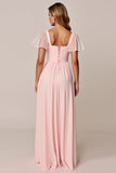 Candy Pink A Line Col carré Robe de demoiselle d’honneur en mousseline de soie