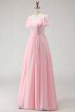 Robe longue de demoiselle d’honneur rose candy à col carré en chiffon