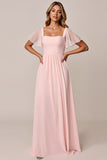 Candy Pink A Line Col carré Robe de demoiselle d’honneur en mousseline de soie