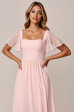 Candy Pink A Line Col carré Robe de demoiselle d’honneur en mousseline de soie