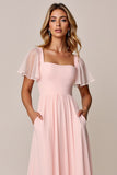 Candy Pink A Line Col carré Robe de demoiselle d’honneur en mousseline de soie