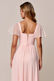 Candy Pink A Line Col carré Robe de demoiselle d’honneur en mousseline de soie